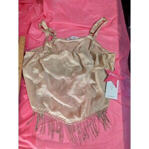 Lily White womens 1X beige tank crop top shirt with rhinestone fringe bottom NWT